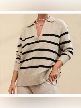 NWT UnReal Aerie Women’s Polo Sweater Oversized Cozy Beige Black Striped Size XL